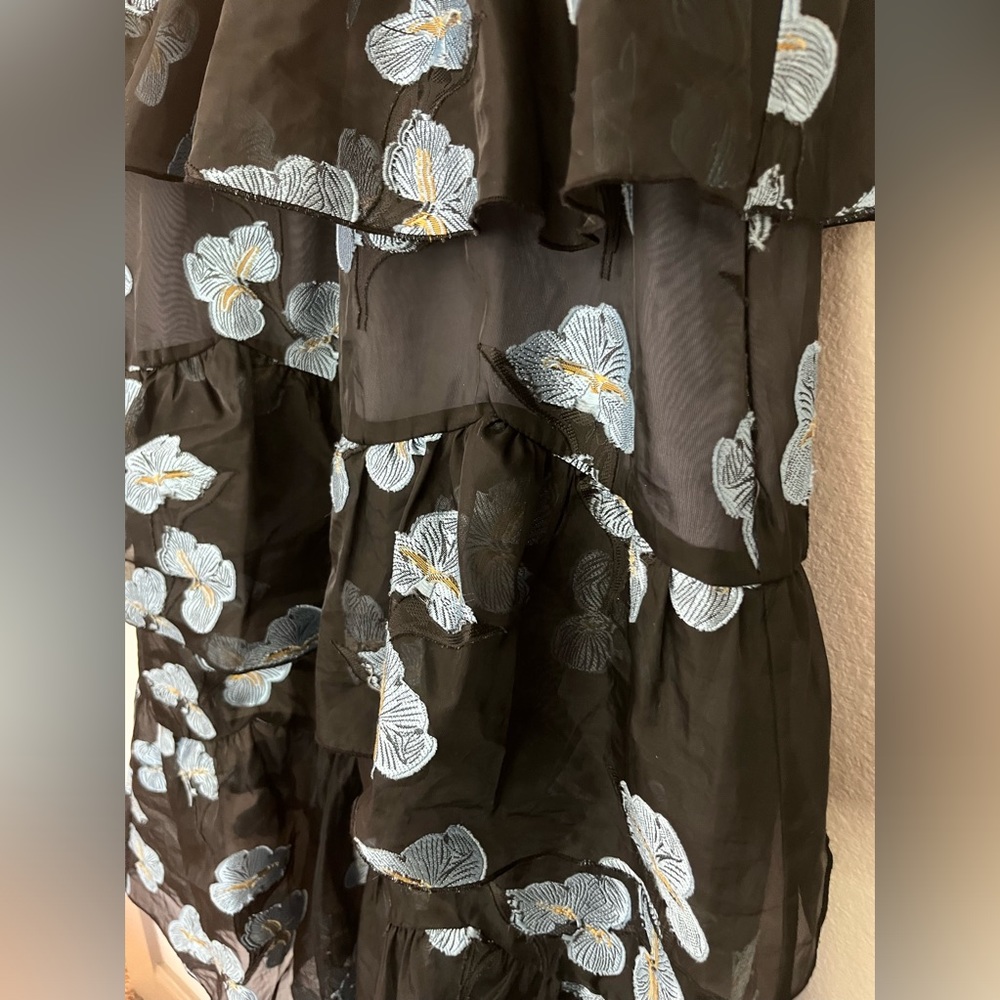 Self-Portrait Black & Blue Floral Fil Coupe Cape Detail Tiered Midi Dress 6 - Picture 11 of 14